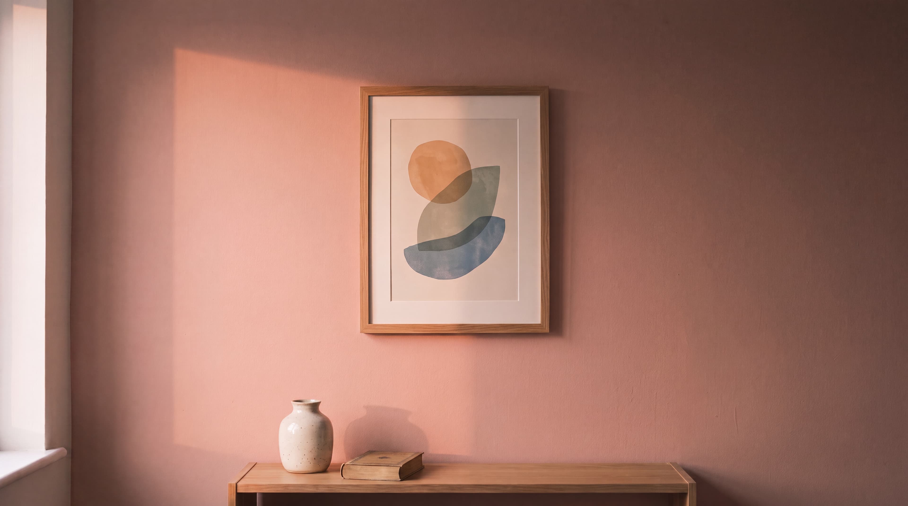 Warmes Morgenlicht an einer rosé getönten Wand mit einem gerahmten Sonnenaufgangs-Druck.
