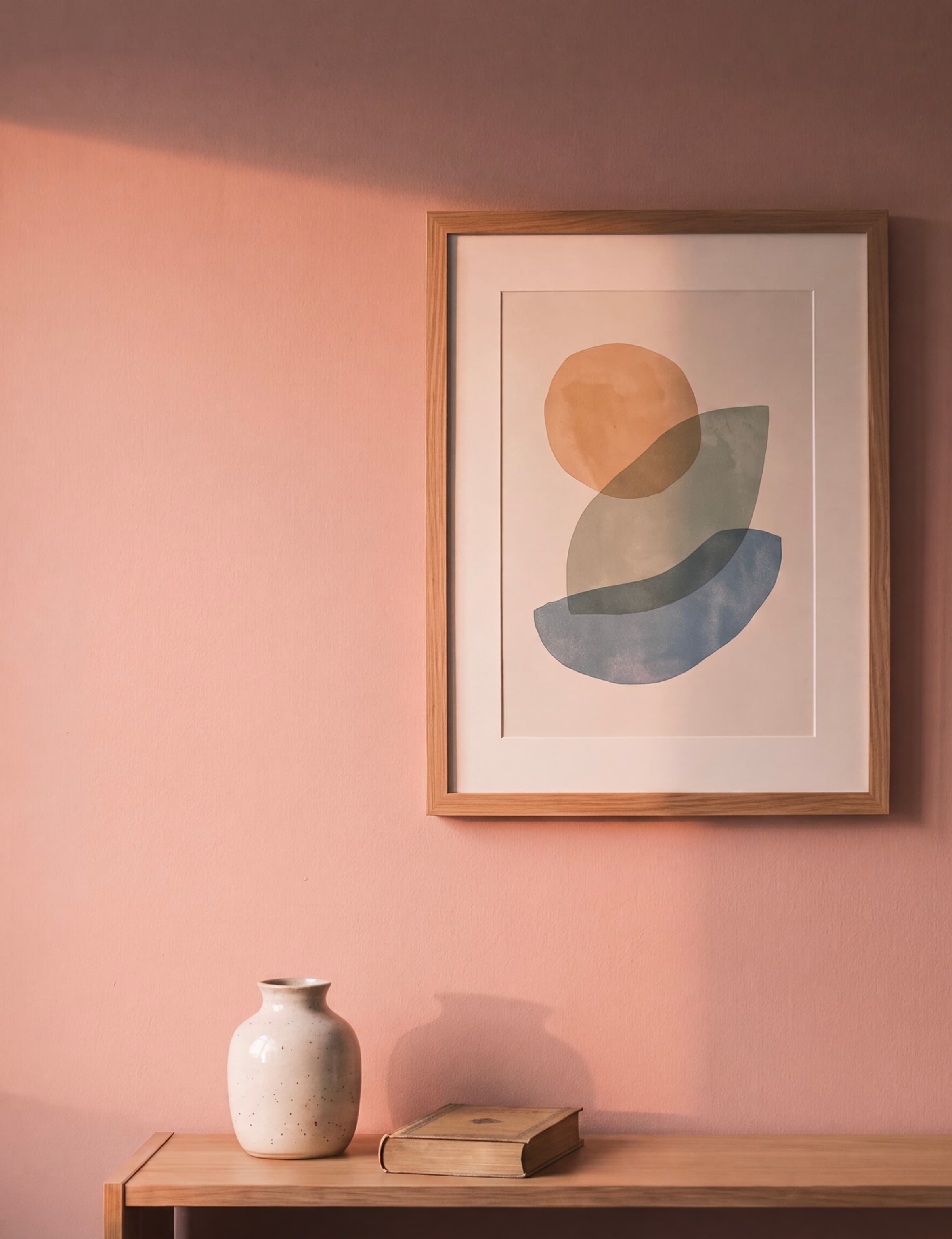 Warmes Morgenlicht an einer rosé getönten Wand mit einem gerahmten Sonnenaufgangs-Druck.