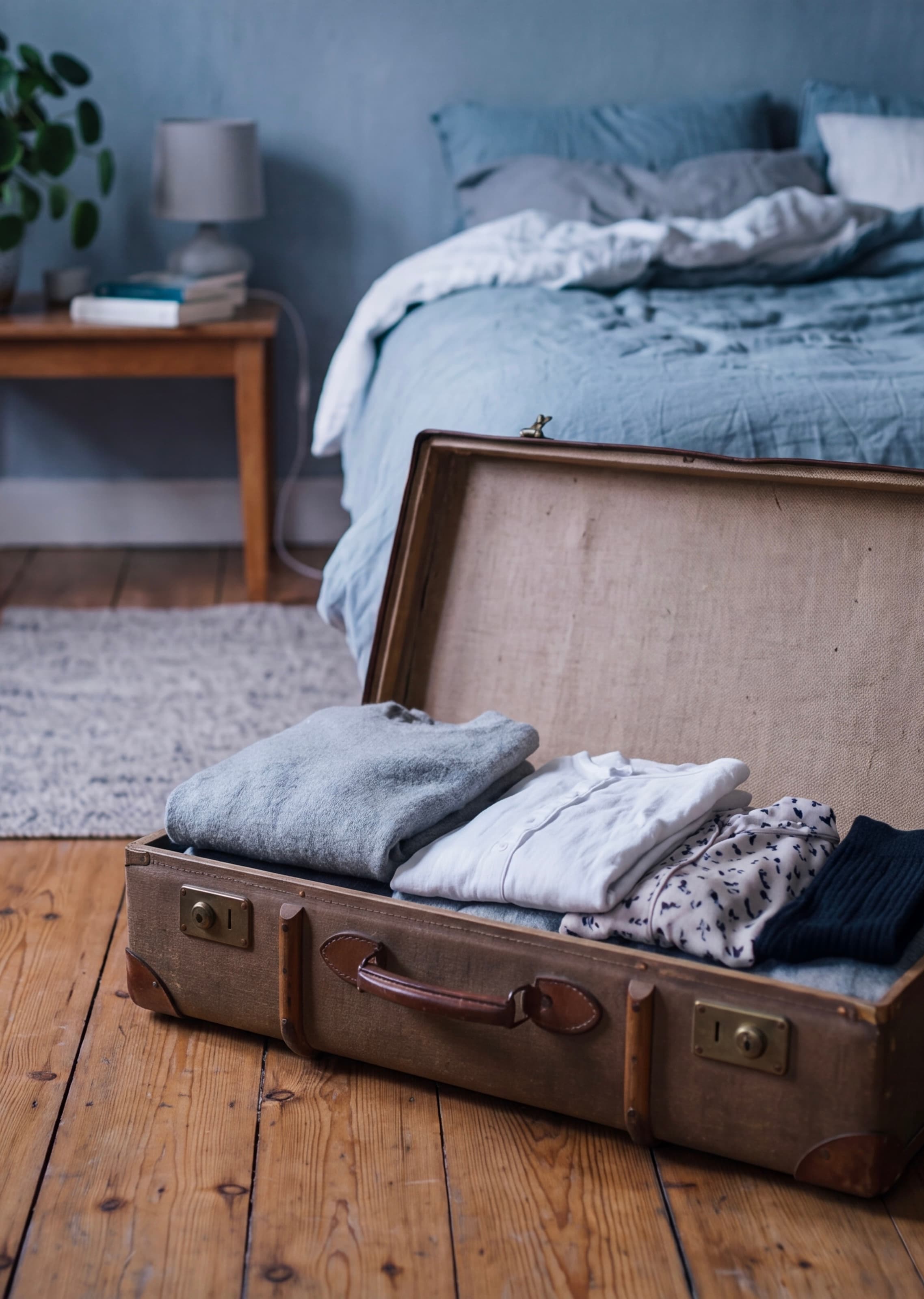 Ein halb gepackter Vintage-Koffer auf Dielenboden vor einem blau gestrichenen Schlafzimmer im Dämmerlicht.